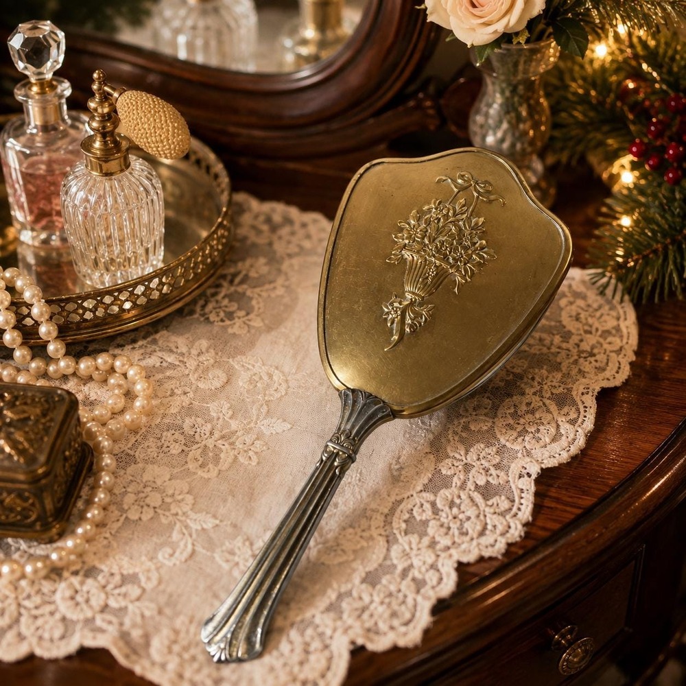 Vintage Hand Mirror Brass Floral Vanity Mirror Ornate Flower Basket Boudoir Dec